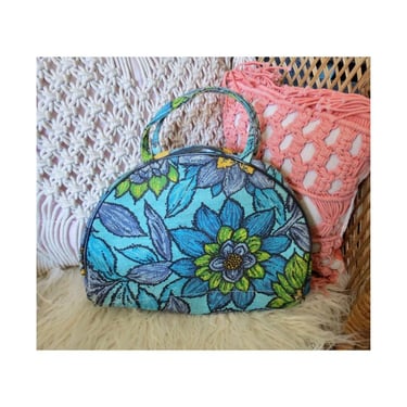 Vintage 60s Flower Power Purse - Groovy Mod Floral Print Handbag - Top Handle Toiletry Cosmetic Bag 