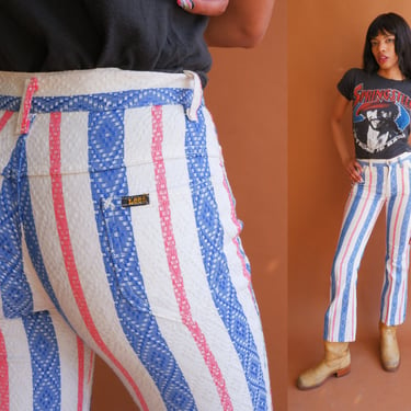 Vintage 70s Striped Lee Flared Pants/ 1970s Red White Blue Americana Mid Rise Bell Bottoms/ Size XS 