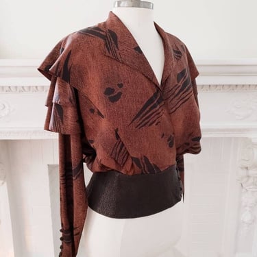 1980s Brown Graphic Print Blazer with Leather Waist Panel / 80s OOAK New romantic Tiered Pleated Jacket Brava Chicago / S 