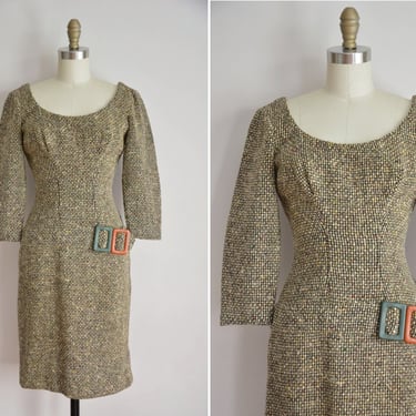 50s History at Glance dress / vintage 1950s wiggle dress/ vintage 50s wool dress 