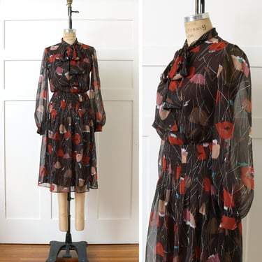 vintage 1970s brown floral dress • sheer chiffon bow collar flirty bishop sleeve dress 
