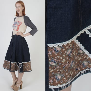 Gunne Sax Denim Swiss Dot Skirt, Vintage 70s Jessica McClintock Bird Rooster Print, Button Up Cottagecore Skirt Size 13 