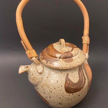 Vintage-Handmade -Pottery- Ceramic Stoneware - Teapot With Bamboo Handle 
