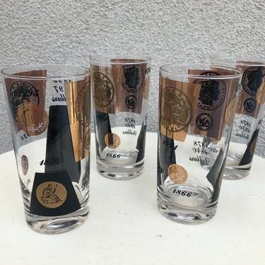 Vintage MCM barware cocktails Coin black and gold Cera tall tumblers glasses holds 10 oz size 5.5” x 2 3/4” set 4 