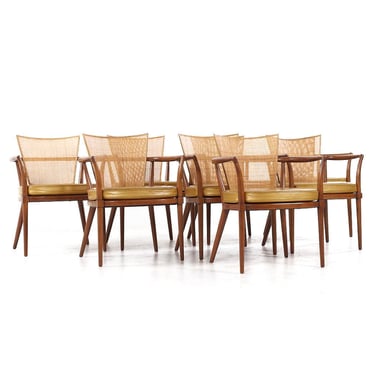 Bert England for Johnson Furniture Mid Century Walnut, Brass and Cane Dining Chairs - Set of 8 - mcm 