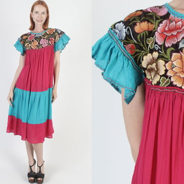 Thin Cotton Mexican Gauze tent Dress, Vintage Embroidered Colorblock Sundress, Oversized Summer Pool Cover Up Midi Dress 