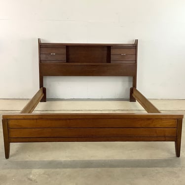 Mid-Century Full Size Walnut Tuxedo Style Storage Bed Frame 