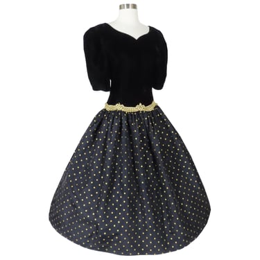 Vintage 80s Black Gold Polka Dot Prom Party Dress L Large Velvet Taffeta Metallic Golden Full Skirt Puff Sleeves Womens Costume Formal Dance 
