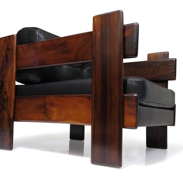 Casulo Brazilian Modern Rosewood Lounge Chair in Black Leather