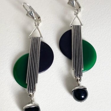 Art Deco Racing Green & black bakelite chrome earrings modernist jazz age art deco earrings by BakeliteBa