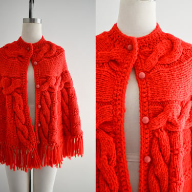 1960s/70s Red Chunky Cable Knit Cape 