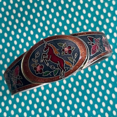 vintage cloisonné cuff 1970s enamel unicorn clamper bracelet 