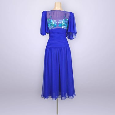 VINTAGE 80s Avant-Garde Sheer Sequin Bust Cocktail Dress by Dovizia 10 | 1980s Blue Illusion Neckline Flutter Sleeve Dress | VFG 