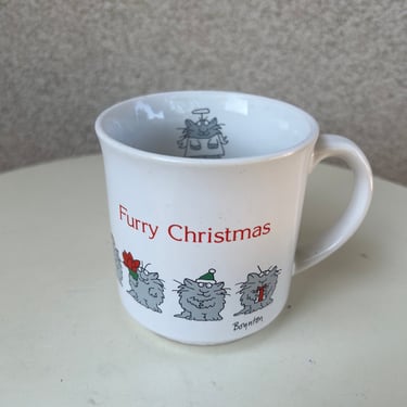 Vintage coffee mug kitsch Furry Christmas cat humor theme by Recycled Paper Products Sandra Boynton series. 