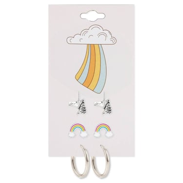 Silver Unicorn Rainbow Post Hoop Earring Set