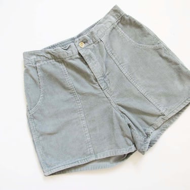 Vintage OP Style Sage Green Gray Corduroy Shorts  S 26 - 30 waist  - 90s Elastic Waist Surfy Cord Shorts 