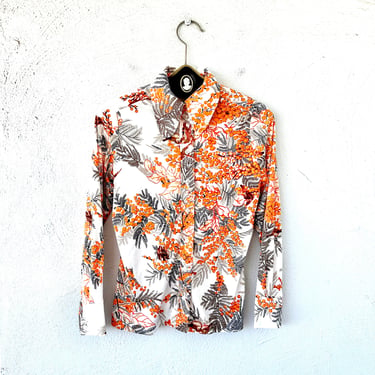 Vintage 70s Large Collar Nature Shirt 1970s Bird Floral Tree Top 