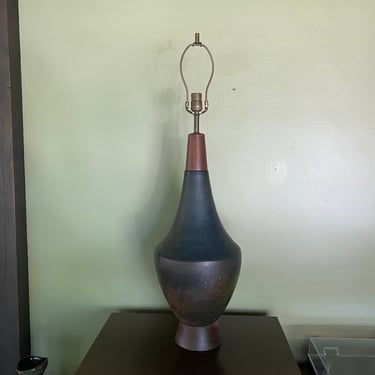 Midcentury Modern Aldo Londi Bitossi Raymor Etruscan decor ceramic Pottery lamp with solid teak SHADE NOT INCLUDED 