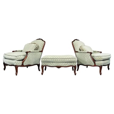 Louis XV Style Mahogany Velvet & Satin French Bergere Lounge Chairs With Ottoman 