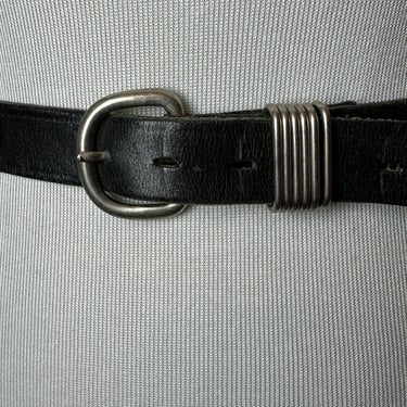Vintage black leather skinny belt~ silver tone hardware~ 1980’s trendy sleek distressed size small 