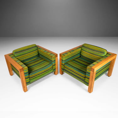 Set of Two (2) Modernist Cube Chairs / Club Chairs in Original Striped Fabric on Oak Bases After George Nelson for Herman Miller, c. 1970s 