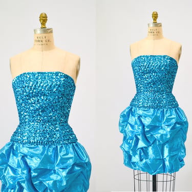 80s Vintage Prom Dress Metallic Blue Sequin Dress Small Strapless// 80s Metallic Party Dress Small Strapless Barbie Dress By Mike Benet 