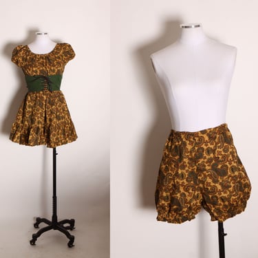 1960s Forest Green and Brown Paisley Puffy Short Sleeve Lace Up Corset Bodice Mini Dress with Matching Bloomers Renaissance Faire Outfit -XS 