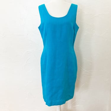 90s Bright Blue Turquoise Cotton Linen Shift Dress | Large 