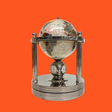 Vintage Rotating Globe Clock Retro 1980s Kalifano + Mother of Pearl + Gemstone + Quartz Clock + Thermometer + Hygrometer + Library Decor 