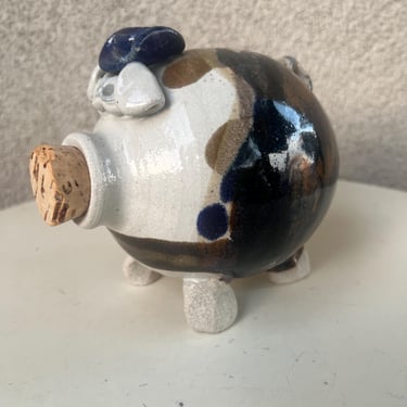 Vintage Studio Art Pottery Pig Piggy Bank With Cork cowboy hat  5.5” X 5.5” 