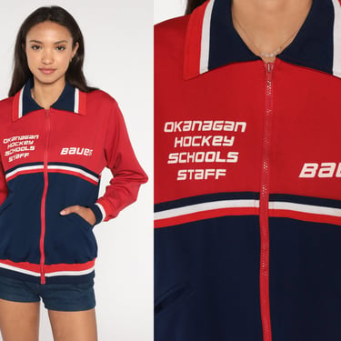80s Track Jacket Okanagan Hockey Schools Jacket Red Blue BC Canada Zip Up Jacket Warmup 1980s Warm Up Athletic Sports Vintage Bauer Large L 