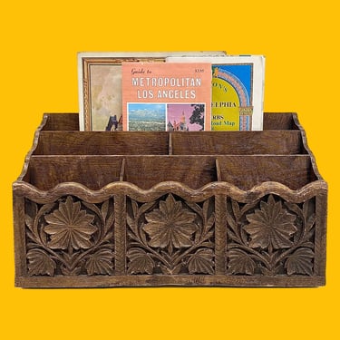 Vintage Mail Organizer Retro 1970s Bohemian + Lerner + Brown Plastic + Divided + Carved Detailing + Flower Design + Desk or Office Decor 