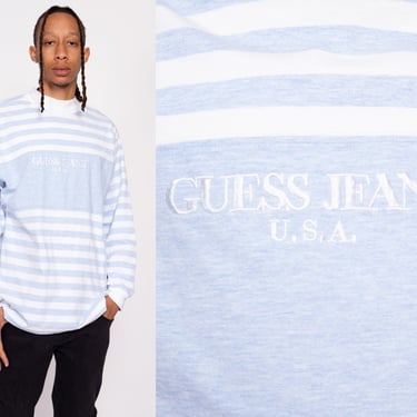 90s Guess Jeans Striped Long Sleeve Tee - Men's Large | Vintage Pastel Blue White High Crew Neck Shirt 