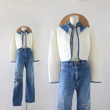 70s quilted crop jacket - s - vintage prairie quilt cropped patchwork puff sleeve size small cute cottage cottagecore spring summer calico 