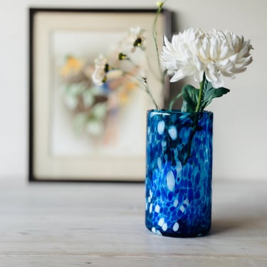 Cobalt Blue and White Hand Blown Recycled Confetti Glass Vase - 7 Inches Tall 