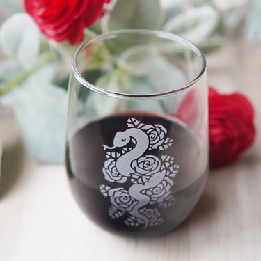 Snakes + Roses Stemless Wine Glass - dishwasher-safe engraved 