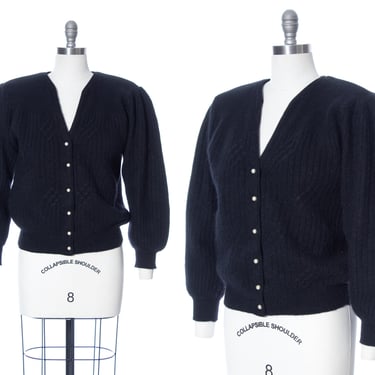 Vintage 1980s Cardigan | 80s Knit Angora Wool Black Puff Sleeve Sweater Top (large) 