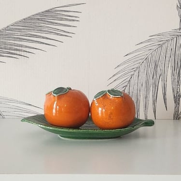 Vintage Salt and Pepper Shakers, Pair of Oranges and a Green Leaf Tray 