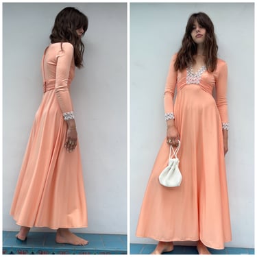 Designer Lillie Rubin 70s coral Maxi Dress Lace details S M Stellar 