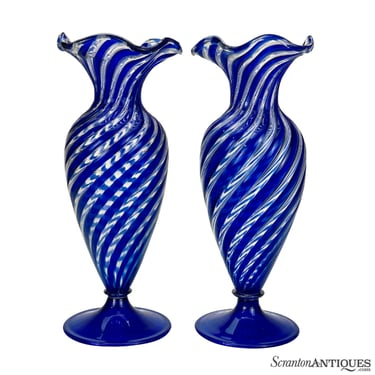Vintage Arte Vetraria Murano Italian Blue Spiral Blown Art Glass Vases - A Pair