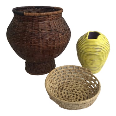 Lrg. Vintage Natural Woven Bamboo Rattan Wicker Planter Basket | Organic Form Pedestal Base | Boho Display Decor 