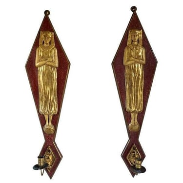 Pair of Antique French Egyptian Revival One-Arm Candle Wall Sconces c. 1905 