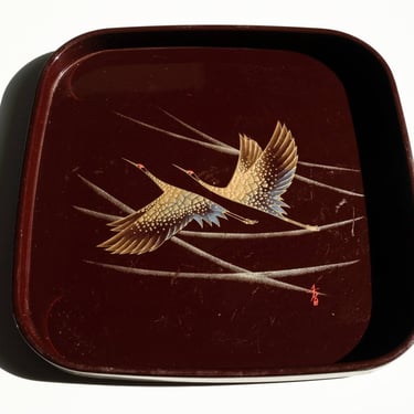 Vintage Japanese tray maroon and bronze glitter with gold and teal deco crane birds, 1960's 