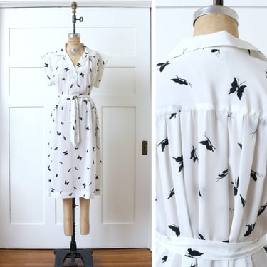 vintage 1980s belted dress • black & white butterfly print silky draped day dress 