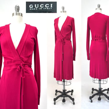 2000s y2k Gucci Wrap Dress Small Knit Vintage Red Pink Wrap Dress Made in Italy By Gucci Red Knit Wrap Dress with Long Sleeves For Fall 