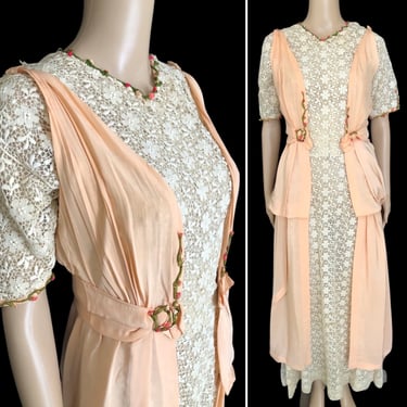 Exquisite Antique 1900s Edwardian Draped Light Pink Silk & Ivory Irish Crochet Lace Gown w/ Tiny Rose Vine Trim - size XS Extra Small 