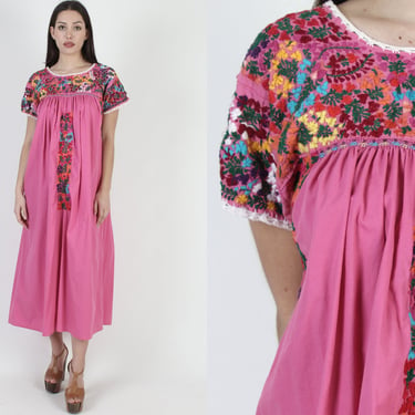 Mexican Hand Embroidered Oaxacan Dress, Plus Size Floral Magenta Caftan Festival Maxi 