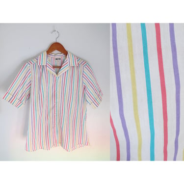 Rainbow Striped Blouse - Vintage Short Sleeve Button Up Top - 80s Pastel Candy Stripe Shirt - Size Large 