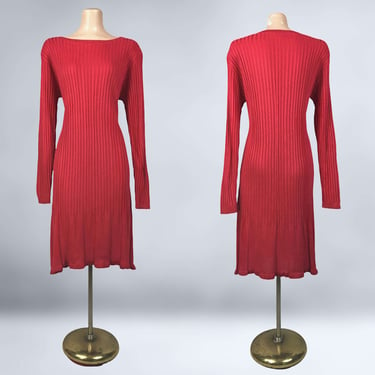 VINTAGE 90s Sexy Red Long Sleeve Sweater Dress Size Large | 90s Curvy Ribbed Sweater Dress with Flared Hem | Vintage Knitwear | VFG 