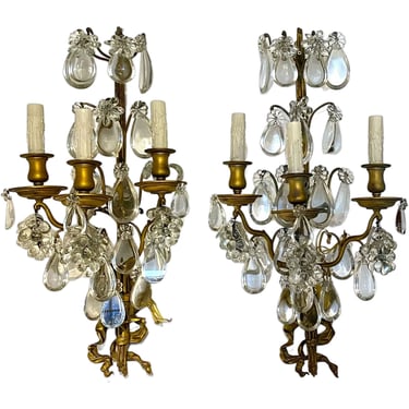 Pair Large French Louis XV Style Gilt Brass and Crystal Three-Light Wall Sconces